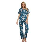 GOSO Women Pyjamas Set-Satin Pyjamas Ladies Button Down Short Sleeve Silk Pyjamas Sleepwear Lady Nightwear Soft Sets Navy Blue