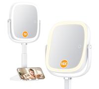 Gospire 1X/10X Lighted Magnifying Mirror with Lights, Height Adjustable Lighted Makeup Mirror with Magnification for Desk, Hidden Phone Stand, 4000mAh 3 Color Modes for Vanity - White