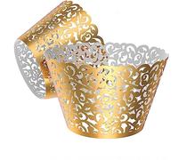 Gospire 50 pcs Pearl Lace Filigree Wedding Cupcake Wrapper Baking Cake Cups Wraps Party Decoration Laser Cut Bright Gold