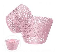 Gospire 50 pcs Pearl Lace Filigree Wedding Cupcake Wrapper Baking Cake Cups Wraps Party Decoration Laser Cut (Pink)