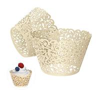 Gospire 50 pcs Pearl Lace Filigree Wedding Cupcake Wrapper Baking Cake Cups Wraps Party Decoration Laser Cut Titanium White
