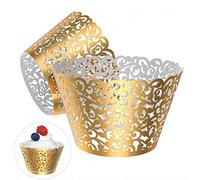 Gospire 50 pcs Pearl Lace Filigree Wedding Cupcake Wrapper Baking Cake Cups Wraps Party Decoration Laser Cut (Bright Gold)