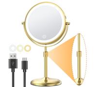 Gospire 7" Lighted Makeup Mirror with Magnification 10X/1X, Height Adjustable & 3 Color Dimmable Lights, 360° Swivel Double Sided Light up Rechargeable Cosmetic Vanity Cordless Standing Mirror-Gold