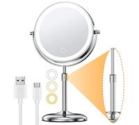 Gospire 7" Lighted Makeup Mirror with Magnification 10X/1X, Height Adjustable & 3 Color Dimmable Lights, 360° Swivel Double Sided Light up Rechargeable Cosmetic Vanity Cordless Standing Mirror-Silver