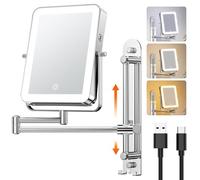 Gospire Height Adjustable Wall Mounted Lighted Makeup Mirror with Hooks, 3000mAh Rechargeable with 1X/10X Magnification, 3 Light Colors and Stepless Dimming for Bathroom