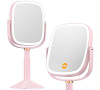 Gospire Rectangle Lighted Makeup Mirror with Lights 3 Color, Height Adjustable and 1X/10X Magnifying, 4000mAh Rechargeable Battery for Bedroom, 8.5”x7.4” Large Surface, Stepless Dimming - Pink
