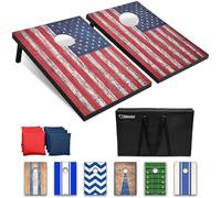 GoSports American Flag Cornhole Set with Wood Plank Design - Includes Two 3' x 2' Boards, 8 Bean Bags, Carrying Case and Game Rules,Red/Blue