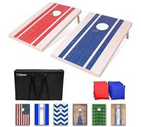 GoSports Wood Design Cornhole Game Set - Includes Two Boards, 8 Bean bags, and Carry Case,Red, Blue,3'x2'