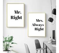 GOSRD Black And White Mr Right Mrs Always Right Canvas Prints Painting Nordic Letter Wall Art Painting Picture Modern Home Decor 30x40cm-2pcs Frameless