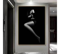 GOSRD Black White Sexy Woman Naked Girls Wine Glass Poster Modern Decorative Paintings Canvas Wall Art Picture Bedroom Home Decor 60x90cm Frameless