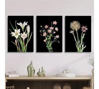 GOSRD Botanical Wildflower Canvas Art Prints Painting Pink White Purple Flowers on Black For Living Room Office Home Decoration(60x80cm-3Pcs)