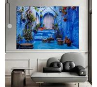 GOSRD Canvas Painting Blue City Poster Modern Morocco Travel Art Print Boho Blue Landscape Bedroom Office Home Decoration(60x85cm)