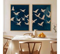 GOSRD Canvas Painting Flying Cranes Wall Art, Japandi Style Print Deep Blue Bird Decor Elegant Gallery Retro Japanese Artwork(60x85cm-2Pcs)