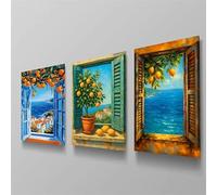 GOSRD Canvas Painting Print Mediterranean Window View Orange Tree Lemon Coastal Seaside Poster for Living Room Home Decor(60x90cm-3Pcs)