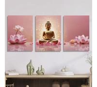 GOSRD Canvas Print Painting Art Golden Buddha Statue in Pink for Lotus Buddhism and Zen Religious Poster Room Bedroom Office(60x90cm-3Pcs)