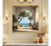 GOSRD Canvas Print Sea View Rustic Arch Wall Art Olive Trees In Clay Pots Home Coast Posters(80x80cm)
