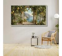 GOSRD Canvas Prints Mediterranean Lemon Grove Wall Art, Scenic Coastal View Through Arch Window Landscape Decor Nature And Fruit(30x60cm)