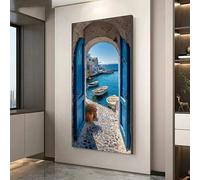 GOSRD Canvas Prints Modern Coastal Harbor Blue Doors To Calm Sea Wall Vertical For Office Decor(60X120cm/internal frame)