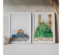 GOSRD Islamic Calligraphy Green Dome Mosque Muslim Wall Art Poster Minimalist Print Canvas Painting for Living Room Home Decor(60x80cm-2pcs)