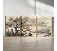 GOSRD Japanese Landscape Zen Minimalist Neutral Canvas Painting Nature Ink Art Poster, Cherry Blossom Wall Home Decor(35x50cm-3Pcs)
