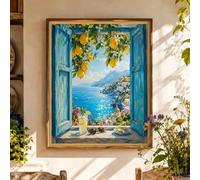 GOSRD Mediterranean Lemon Tree Print Coast Window Coastal Art, Blue Ocean Wall Decor Summer Vacation Home(40x60CM/Frameless)