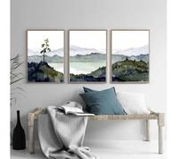 GOSRD Minimalist Forest Painting Poster Mountain Lake Wall Art Panoramic Landscape Teal Pine Tree Print Home Interior Decoration(30x45cm-3Pcs)