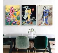 GOSRD Retro Japanese Geisha Woman with Flower Canvas Painting Art Posters and Prints Wall Modern Picture Mural Living Room Decor(50x75cm-3Pcs)