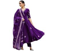 GoSriKi Anarkali Women's Rayon Blend Kurta with Trousers and Dupatta, Begani, S