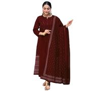 GoSriKi Kurta Anarkali Viscose with Trousers and Dupatta for Women, Burgundy red, 16