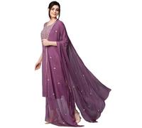 GoSriKi Ladies Cotton Blend Embroidered Straight Kurta with Trousers and Dupatta, Purple, XX-Large