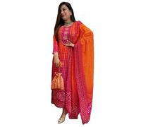 GoSriKi Women’s Rayon-Viscose Straight Kurta Set with Multicolor Bandhej Print - 3/4 Sleeves, Calf-Length Kurta + Pant & Dupatta - Comfortable & Festive Ethnic Wear, Multicolour, 5XL
