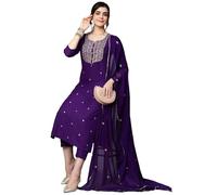 GoSriKi Women's Cotton Blend Embroidered Straight Kurta with Pant & Dupatta, Blue, M