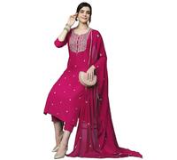 GoSriKi Women's Embroidered Straight Viscose Blend Kurta with Pant and Dupatta Set, Pink, M