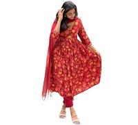 GoSriKi Women's Rayon Blend Anarkali Printed Kurta with Pant & Dupatta, Red, XL