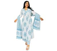 GoSriKi Women's Rayon Blend Anarkali Printed Kurta with Pant & Dupatta, White, XXL