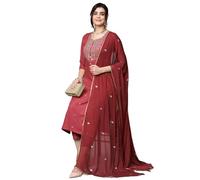 GoSriKi Women's Straight Embroidered Rayon Blend Kurta with Trousers and Dupatta, Dark Red, Small
