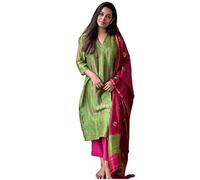 GoSriKi Women's Straight Printed Rayon Mixed Dupatta Kurta Set, Green, XX-Large