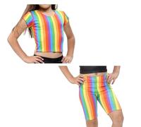 GOSTYLES® Girls Rainbow Crop Top & Cycling Shorts, Kids Summer Party Outfit Bright Printed Stretch Fit 2PC Set 9-10 Years
