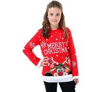 GOSTYLES® Kids Christmas Jumper Unisex 3D Knitted Xmas Sweater Pullover for Boys Girls Reindeer Rudolph Christmas Tree Novelty Design (Multi Pom Red, 13-14 Years)