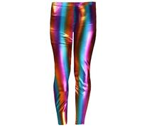 GOSTYLES® Kids Girls Full Length Elastic Waist Metallic Shiny Disco Legging - Children Wet Look Comfortable Stretchy Tights for 80’s Party Dance Pants (Rainbow, 7-8 Years)