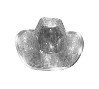 GOSTYLES Mens Womens Cowboy Deluxe Wide Brim Western Hat, Unisex Texan Cowgirl Rodeo Fancy Dress Costume Party Accessory Adult Outdoor Western Style Headwear - Silver Sequin Disco Cowboy Hat