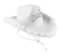 GOSTYLES Mens Womens Cowboy Deluxe Wide Brim Western Hat, Unisex Texan Cowgirl Rodeo Fancy Dress Costume Party Accessory Adult Outdoor Western Style Headwear - White Cowboy Hat With Fluff Trim