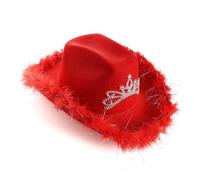 GOSTYLES Mens Womens Cowboy Deluxe Wide Brim Western Hat, Unisex Texan Cowgirl Rodeo Fancy Dress Costume Party Accessory Adult Outdoor Western Style Headwear - Red Cowboy Hat With Fluff Trim