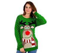 GOSTYLES® Unisex Rudolph Pom Pom Christmas Jumper 3D Red Nose Reindeer Knitted Sweater Funny Festive Xmas Pullover Winter Holiday Jumper Tops (Green, 16-18)