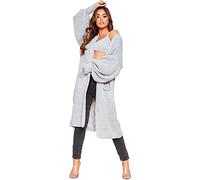 GOSTYLES® Women Knitted Open Front Slouchy Balloon Sleeve Long Cardigan - Ladies Maxi Knitted Puff Sleeve 2 Pocket Cardigan Boyfriend Sweater Top (Grey, 12-14)