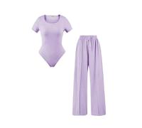 Gostyles® Women’s 2 Pcs Short Sleeve Ribbed Bodysuit & Stretchy Wide Leg Trouser Coordinate Suit - Ladies Plain Super Soft Scoop Neck Fitted Leotard Top & Drawstring Yoga Pant (Lilac, S-M)