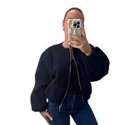 GOSTYLES® Women’s Balloon Sleeve Zipper Bomber Jacket, Ladies Lightweight Stylish Zip-Up Coat with Trendy Balloon Sleeves for Casual Elegant Outfits (Navy, 8-14)