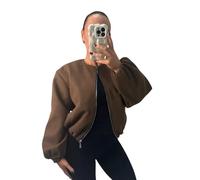 GOSTYLES® Women’s Balloon Sleeve Zipper Bomber Jacket, Ladies Lightweight Stylish Zip-Up Coat with Trendy Balloon Sleeves for Casual Elegant Outfits (Chocolate, 8-14)
