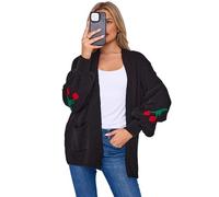 GOSTYLES® Women’s Knitted Cherry Print Balloon Sleeve Cardigan, Ladies Baggy Oversized Knit Open Front Boyfriend Top with 2 Pockets (Black, 8-10)