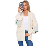 GOSTYLES® Women’s Knitted Cherry Print Balloon Sleeve Cardigan, Ladies Baggy Oversized Knit Open Front Boyfriend Top with 2 Pockets (Cream, 16-18)